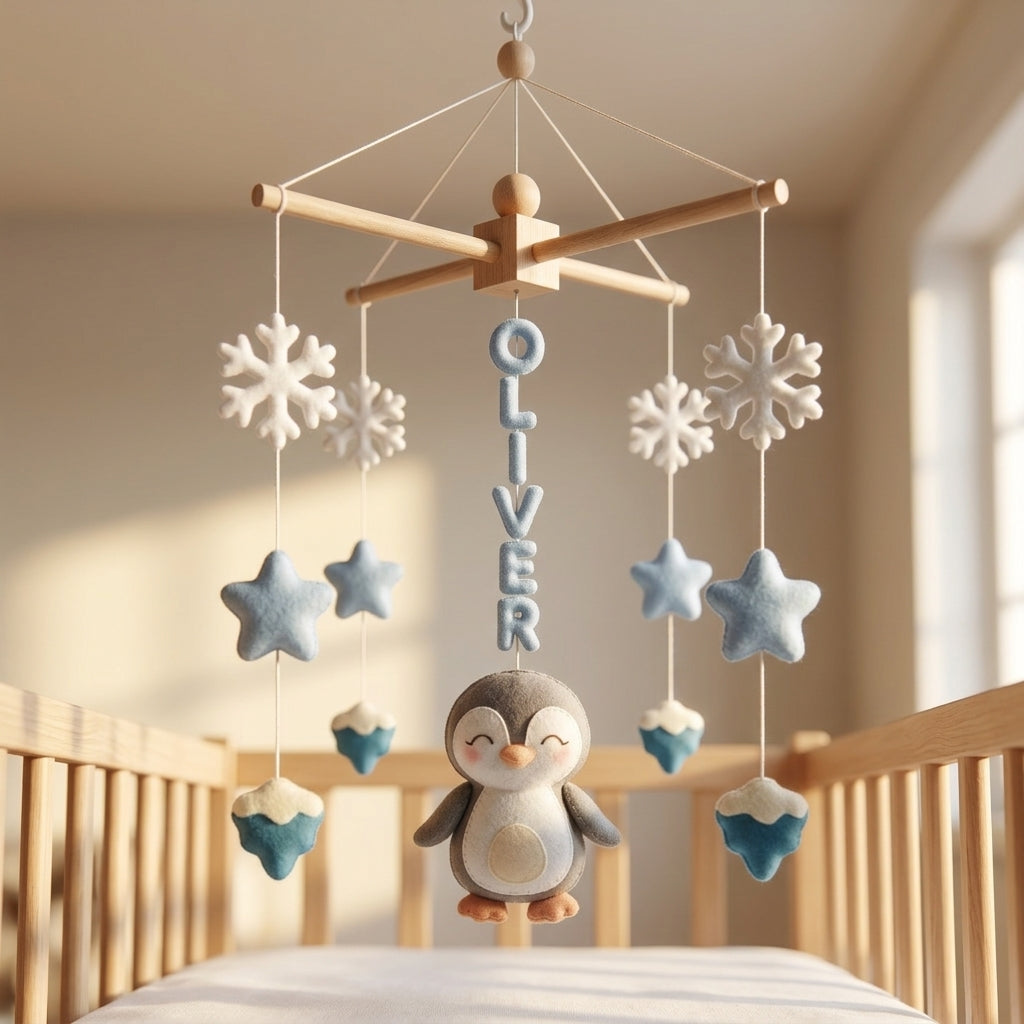 Felt Baby Mobile, Penguin Crib Mobile, Winter Nursery Decor, Baby Shower Gift