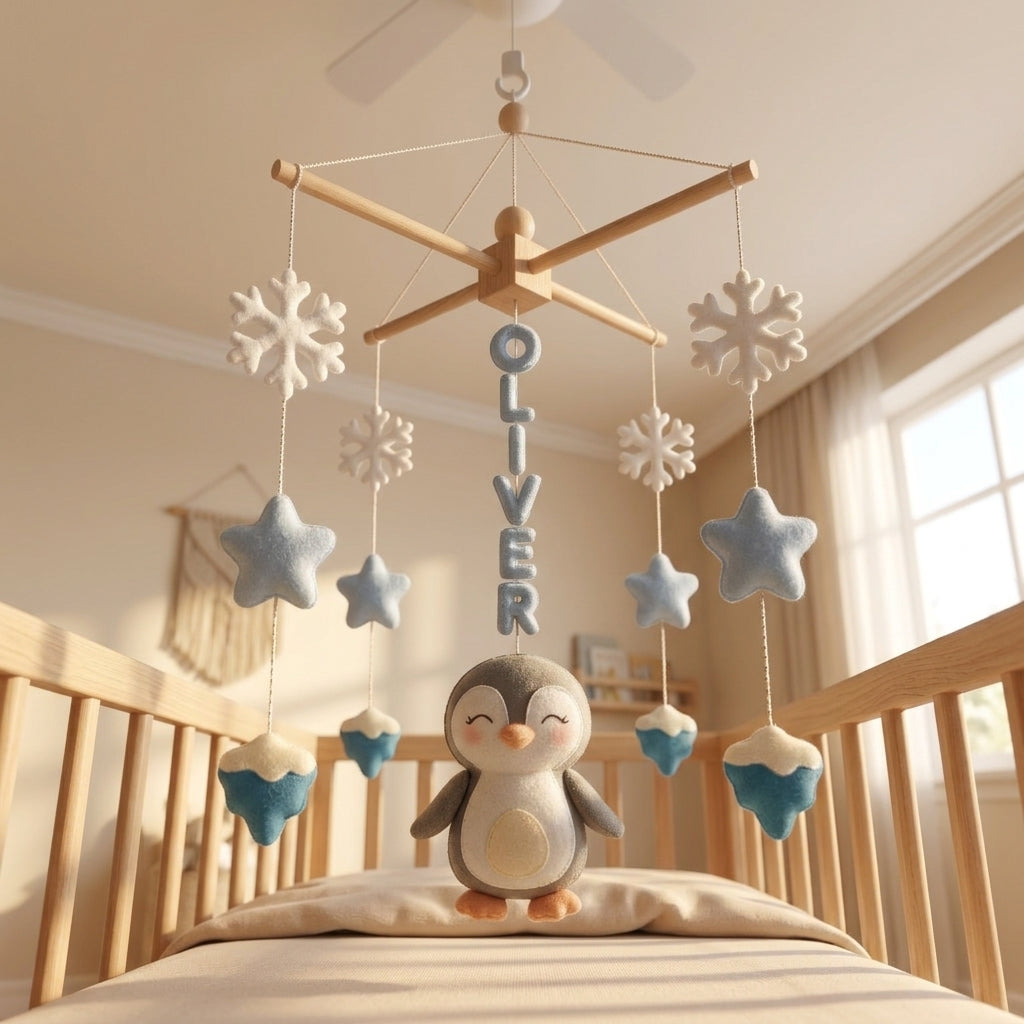 Felt Baby Mobile, Penguin Crib Mobile, Winter Nursery Decor, Baby Shower Gift