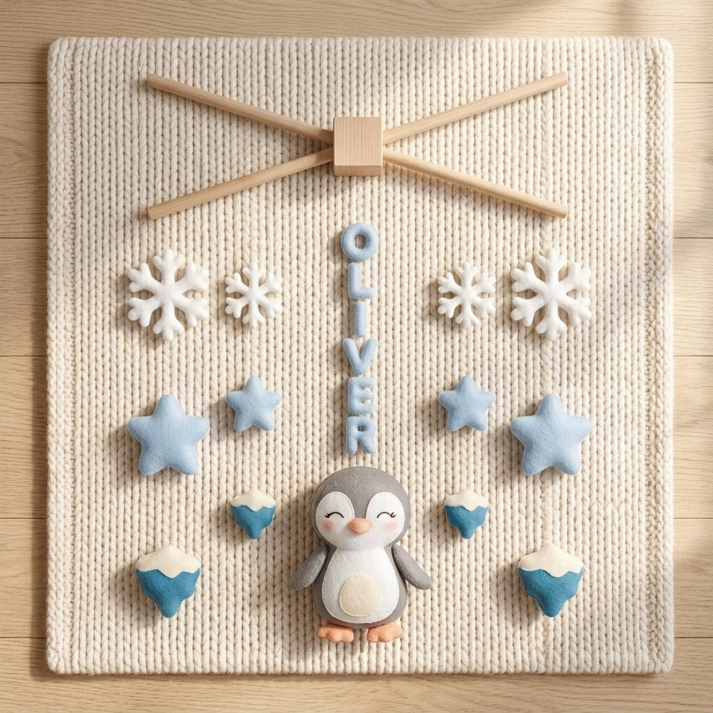 Felt Baby Mobile, Penguin Crib Mobile, Winter Nursery Decor, Baby Shower Gift