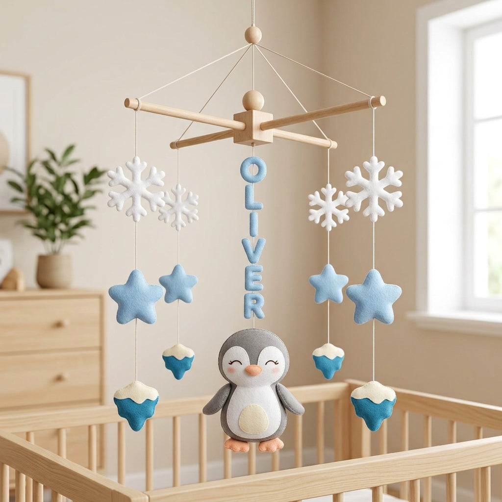 Felt Baby Mobile, Penguin Crib Mobile, Winter Nursery Decor, Baby Shower Gift