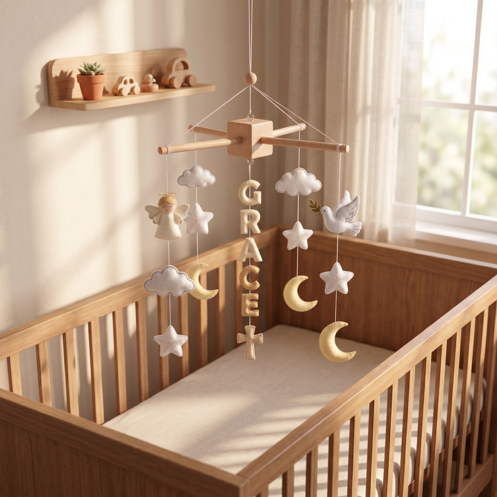 Personalized felt baby mobile with an angel, dove, stars, and moon hanging over a wooden crib, featuring the name 'GRACE' in the center.