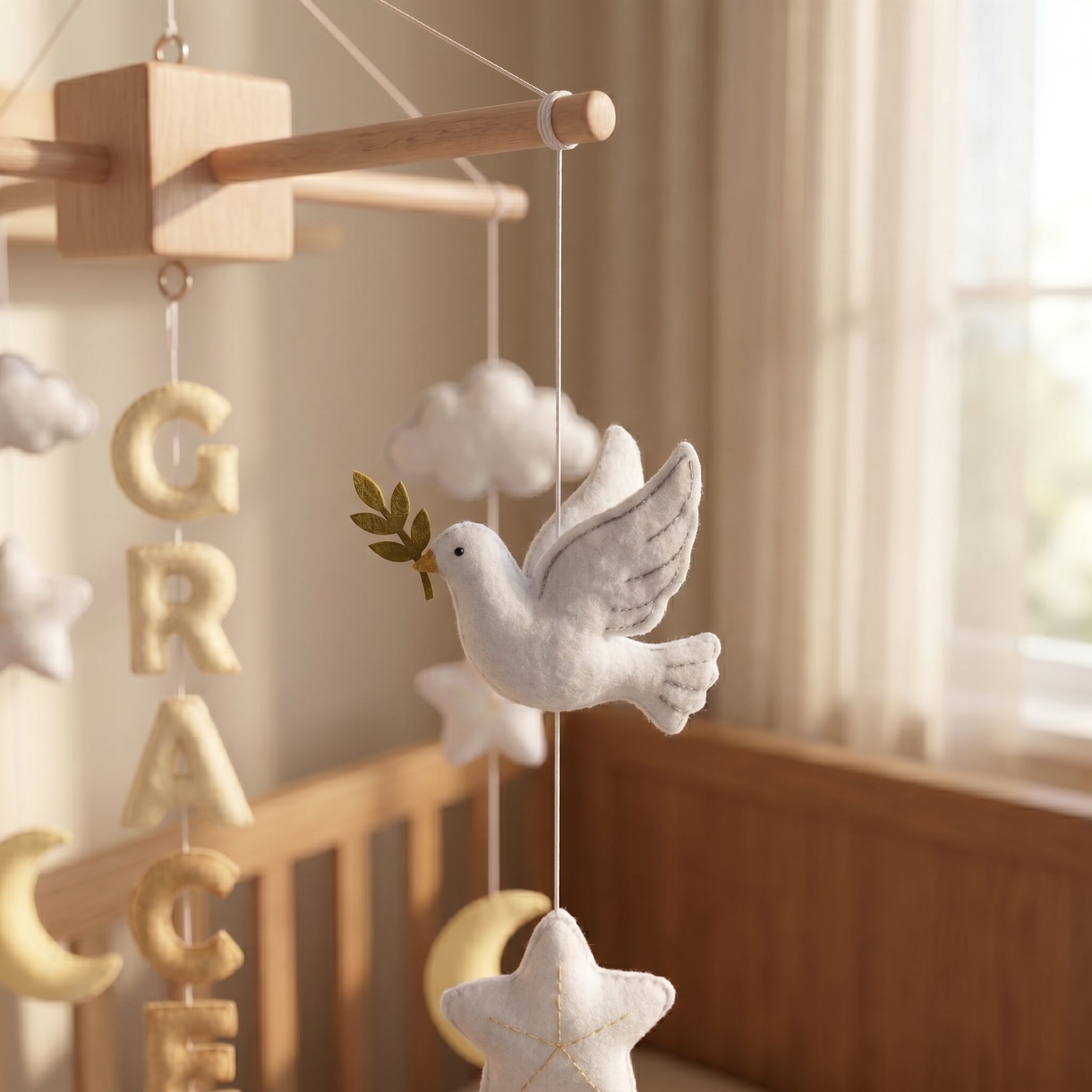 Felt Baby Mobile, Personalized Nursery Decor, Angel and Dove Crib Mobile, Baby Shower Gift for Newborn