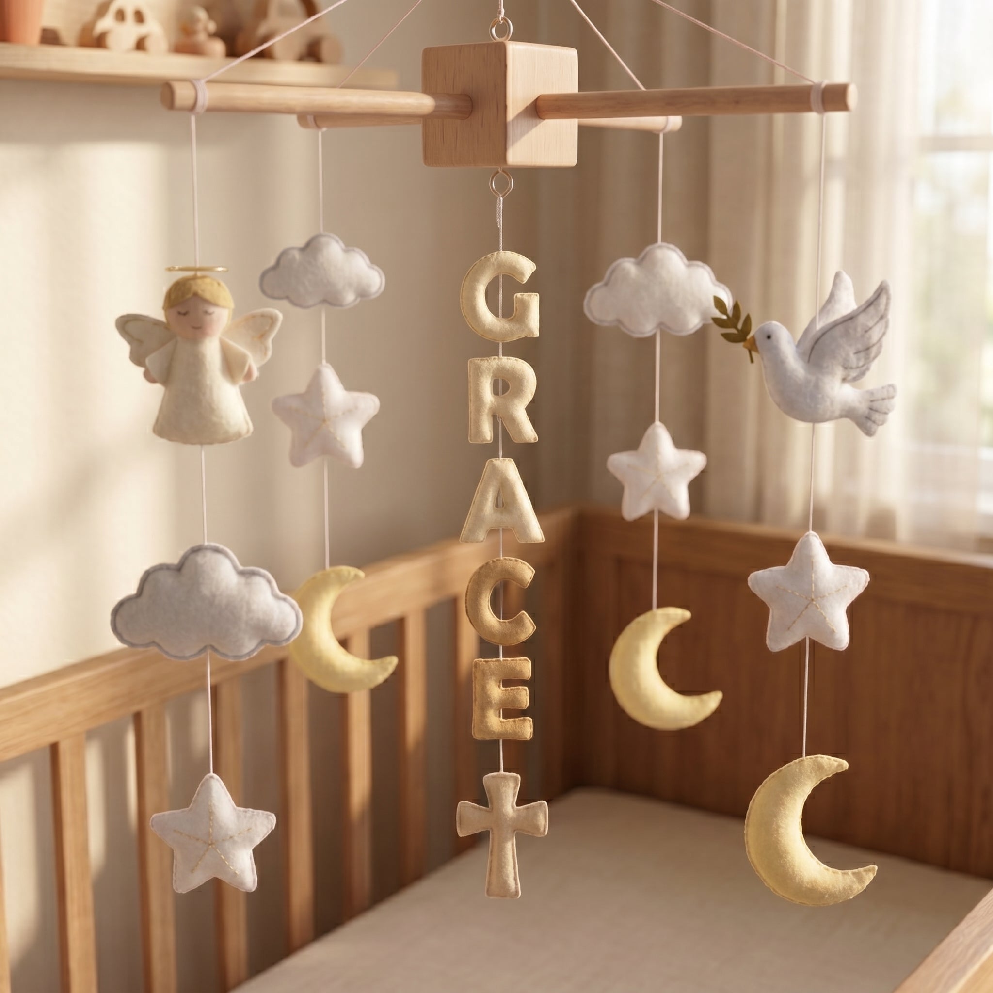 Felt Baby Mobile, Personalized Nursery Decor, Angel and Dove Crib Mobile, Baby Shower Gift for Newborn