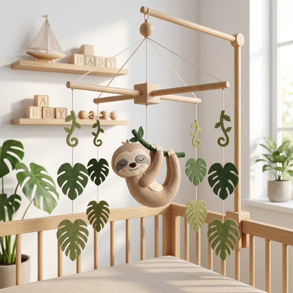 Handmade felt sloth baby mobile hanging from a branch with monstera leaves above a wooden crib in a jungle nursery.