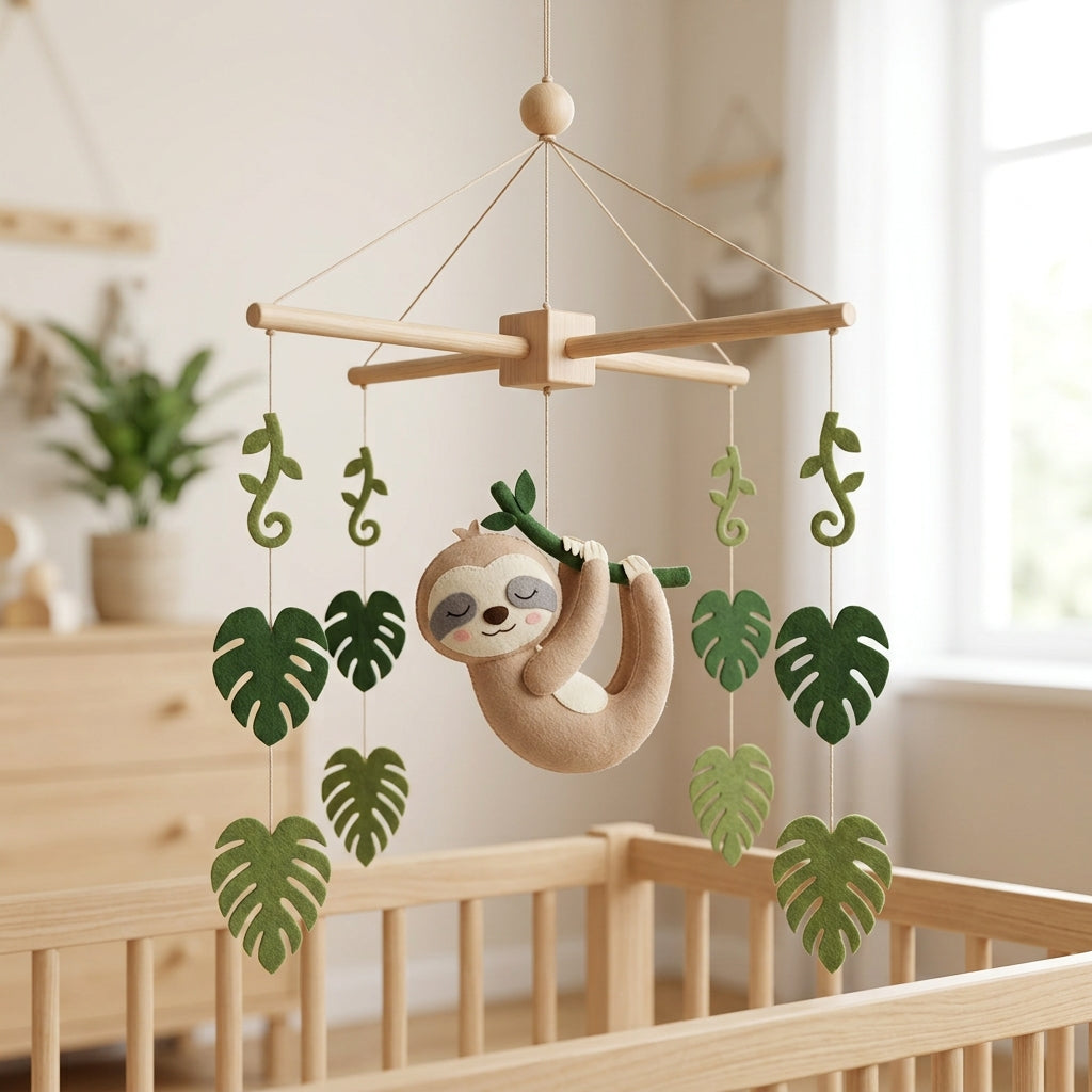 Handmade felt sloth baby mobile hanging from a branch with monstera leaves above a wooden crib in a jungle nursery.