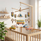 Personalized felt transportation baby mobile with a bus, taxi, ambulance, police car and fire truck hanging above a wooden crib.