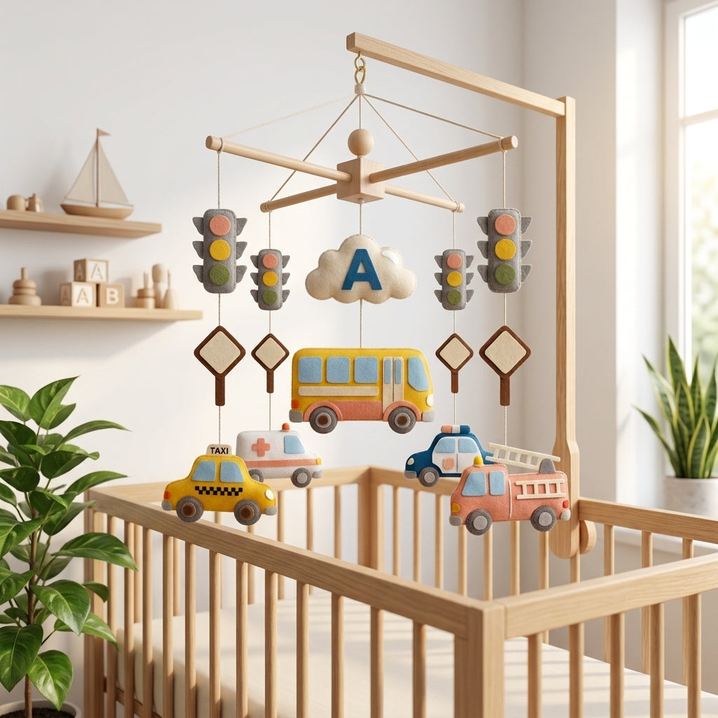 Personalized felt transportation baby mobile with a bus, taxi, ambulance, police car and fire truck hanging above a wooden crib.