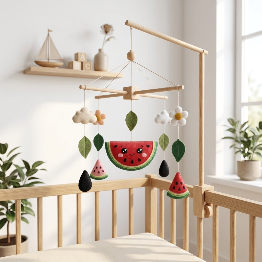 Handmade felt watermelon baby mobile with leaves, flowers and watermelon slices hanging above a wooden crib.