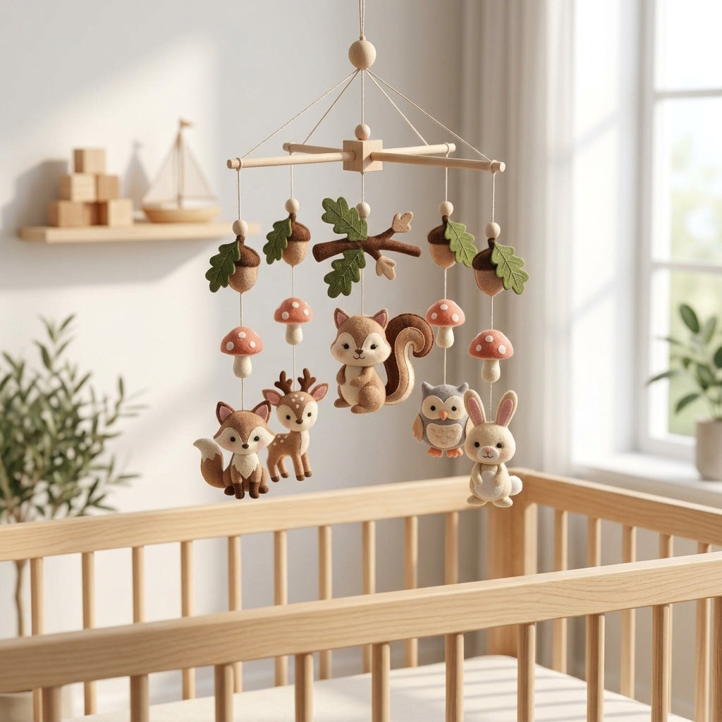Handmade felt woodland baby mobile with a fox, deer, squirrel, owl and bunny hanging above a wooden crib.