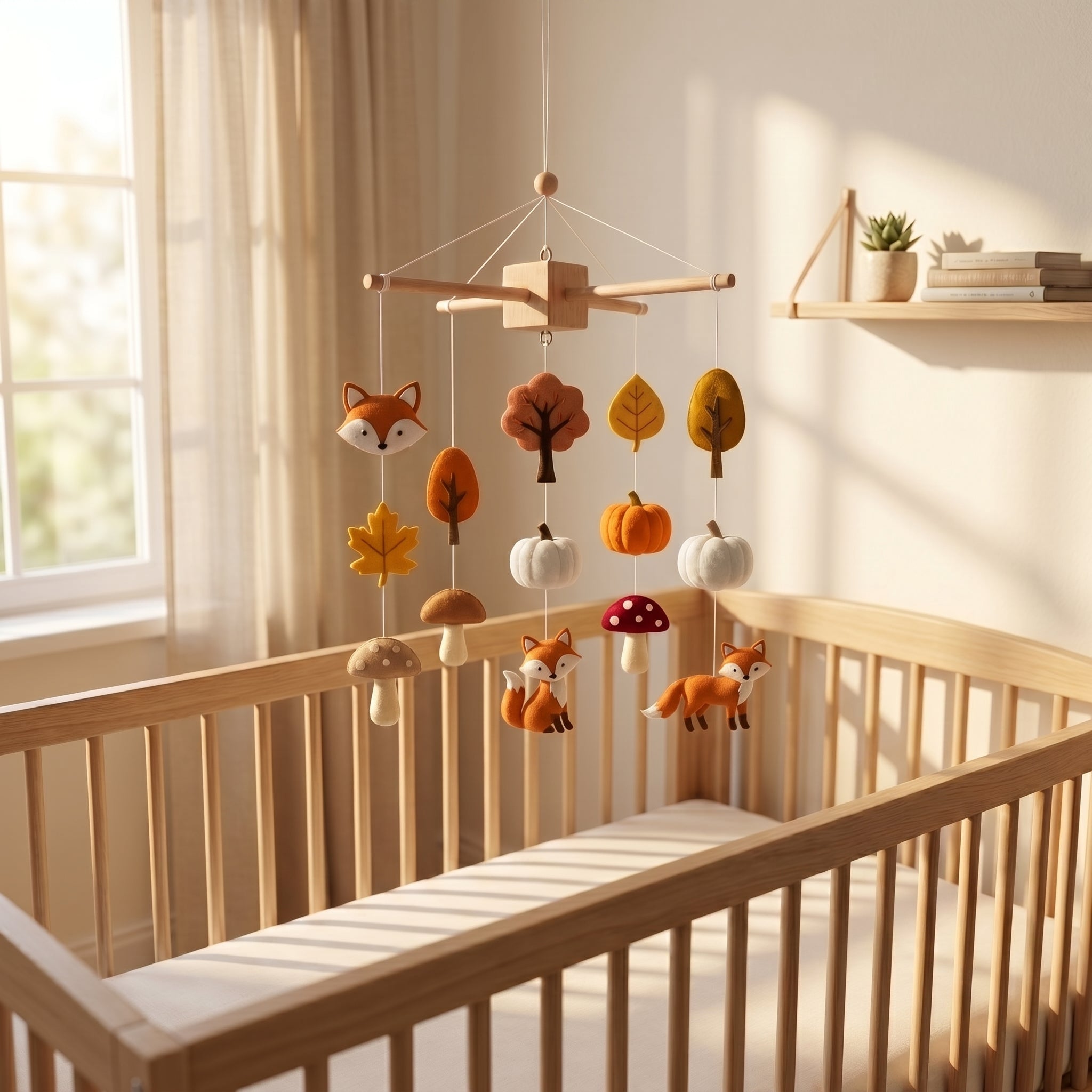 Handmade felt baby mobile featuring foxes, pumpkins, mushrooms, and autumn leaves hanging over a wooden baby crib, fall woodland themed nursery decor
