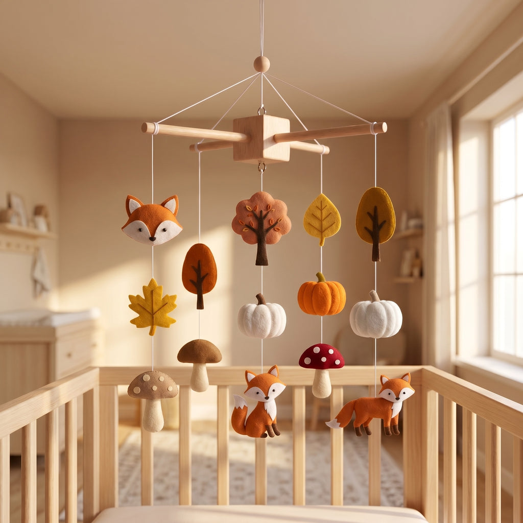Handmade felt baby mobile featuring foxes, pumpkins, mushrooms, and autumn leaves hanging over a wooden baby crib, fall woodland themed nursery decor