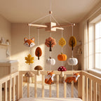 Handmade felt baby mobile featuring foxes, pumpkins, mushrooms, and autumn leaves hanging over a wooden baby crib, fall woodland themed nursery decor