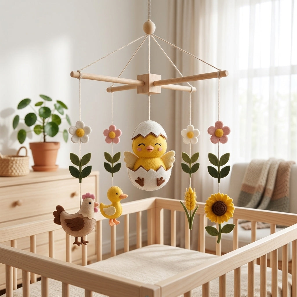 Felt Chick Baby Mobile, Farm Animal Crib Mobile, Chicken Nursery Decor, Baby Shower Gift for Newborn