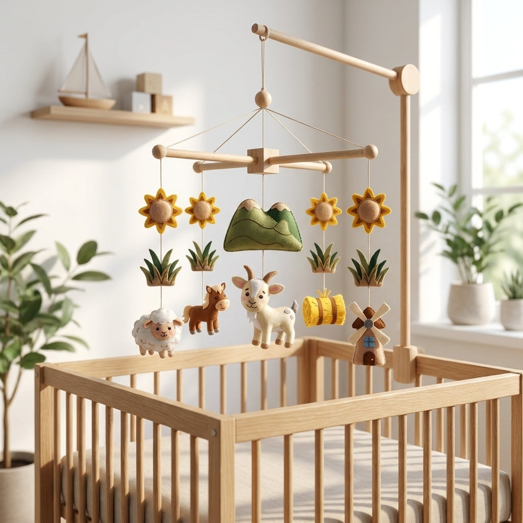 Handmade felt farm baby mobile with goat, sheep, horse, mountains, sunflowers, hay bale and windmill above a wooden crib.