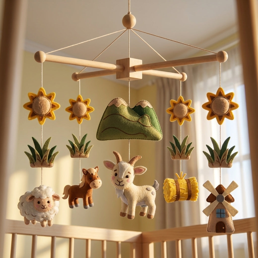 Felt Farm Baby Mobile, Goat Crib Mobile, Farm Nursery Decor, Baby Shower Gift