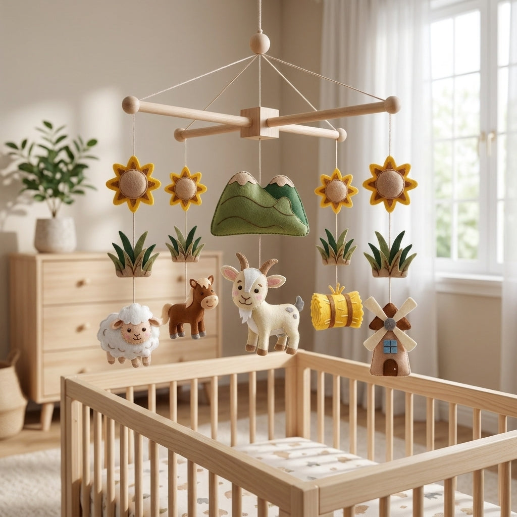 Felt Farm Baby Mobile, Goat Crib Mobile, Farm Nursery Decor, Baby Shower Gift