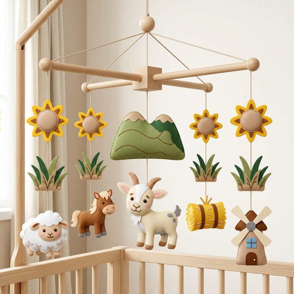 Felt Farm Baby Mobile, Goat Crib Mobile, Farm Nursery Decor, Baby Shower Gift
