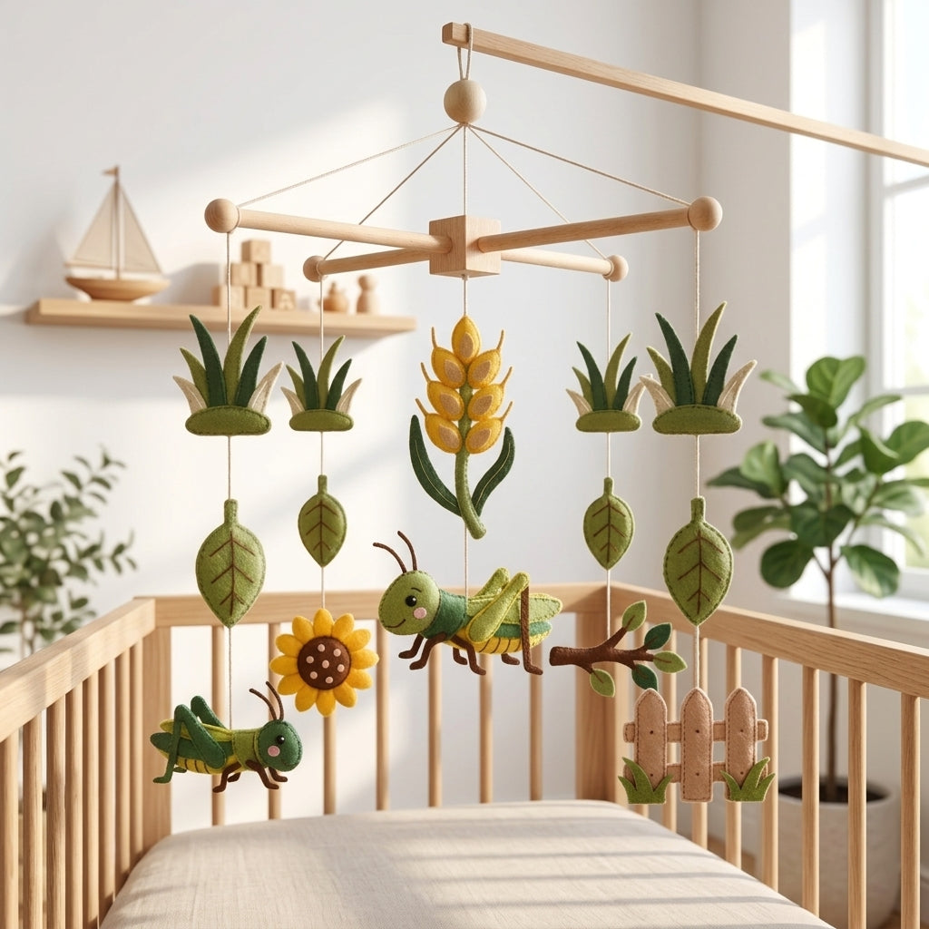 Handmade felt grasshopper baby mobile with grasshoppers, sunflower, wheat, leaves, branch and wooden fence hanging above a wooden crib.