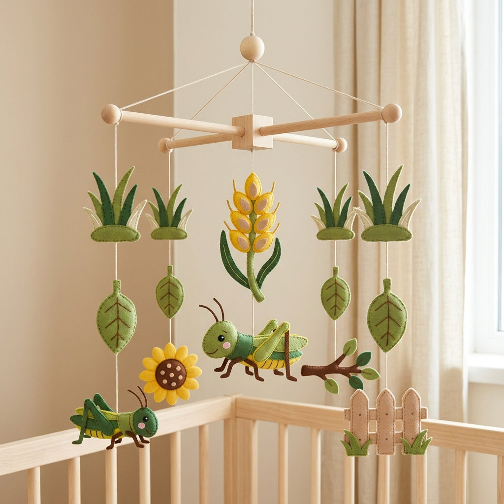 Felt Grasshopper Baby Mobile, Garden Crib Mobile, Bug Nursery Decor, Baby Shower Gift