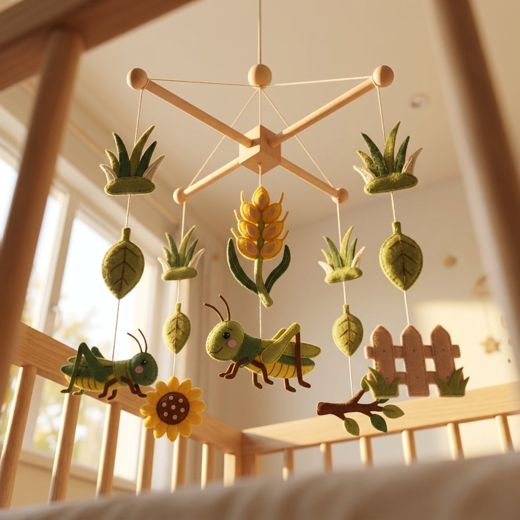 Felt Grasshopper Baby Mobile, Garden Crib Mobile, Bug Nursery Decor, Baby Shower Gift