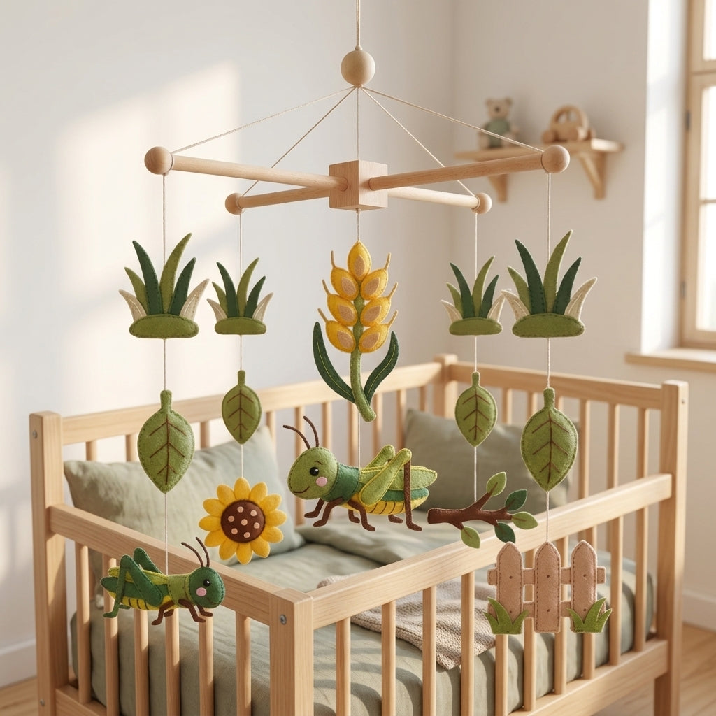 Felt Grasshopper Baby Mobile, Garden Crib Mobile, Bug Nursery Decor, Baby Shower Gift