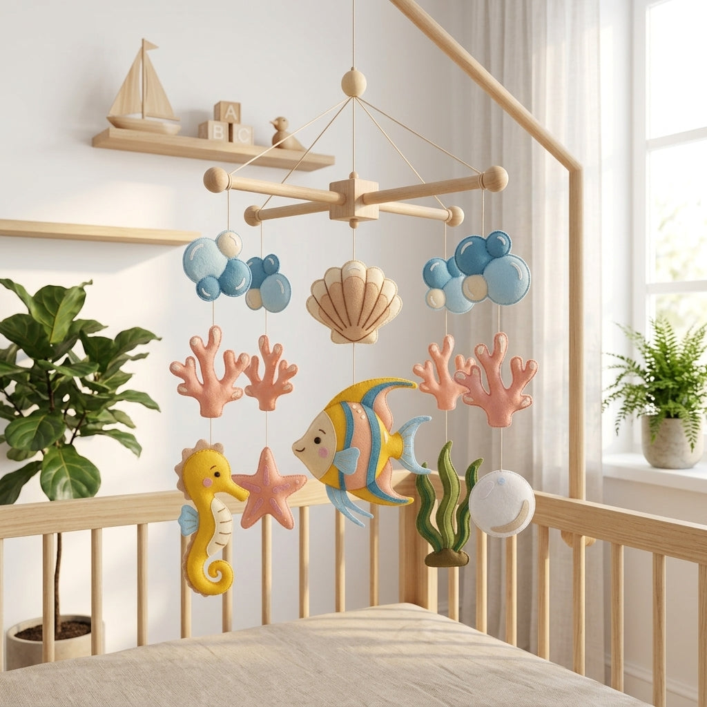 Handmade felt ocean baby mobile with angelfish, seahorse, starfish, coral, seashell, bubbles and seaweed above a wooden crib.