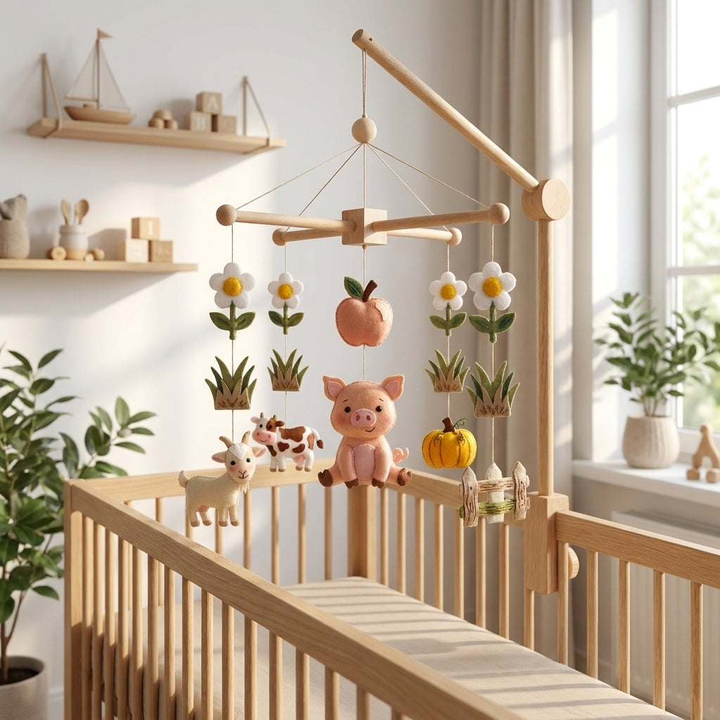 Handmade felt pig baby mobile with pig, goat, cow, apple, pumpkin, flowers and wooden fence hanging above a wooden crib.