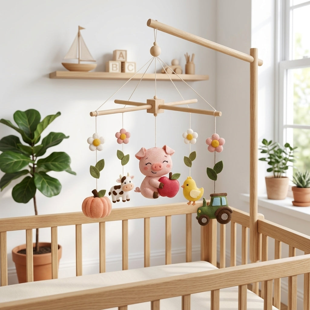 Handmade felt pig baby mobile with pig, apple, cow, chick, pumpkin, flowers and tractor hanging above a wooden crib.