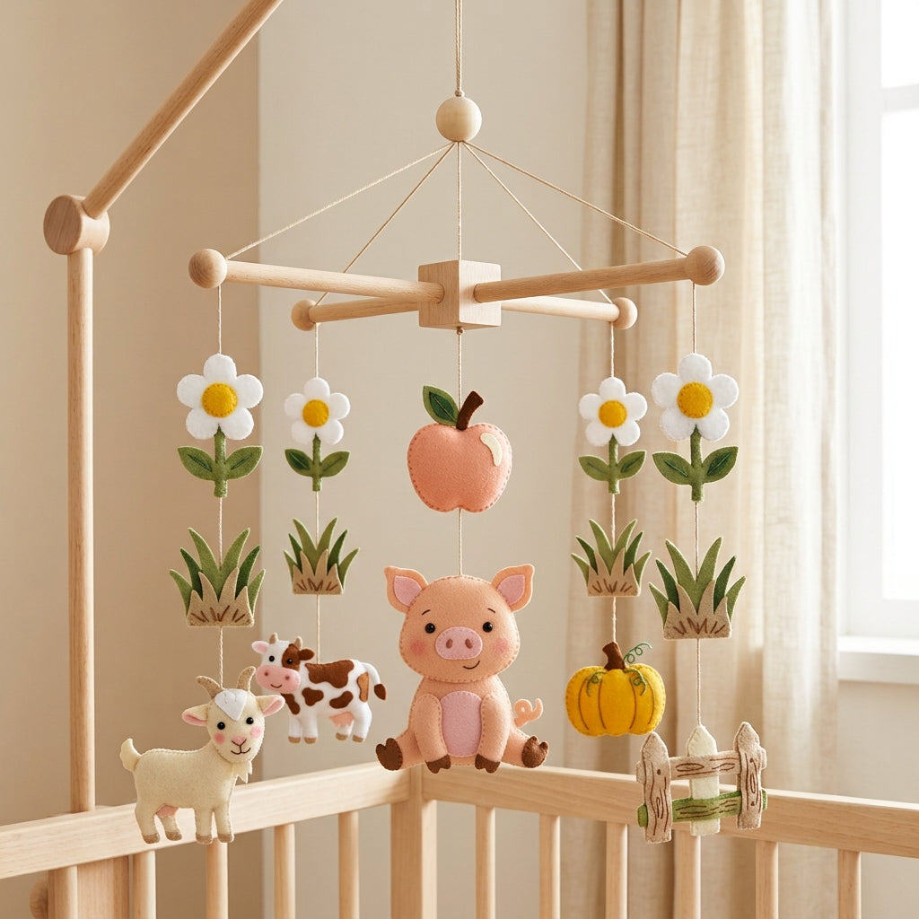 Felt Pig Baby Mobile, Farm Crib Mobile, Farm Nursery Decor, Baby Shower Gift