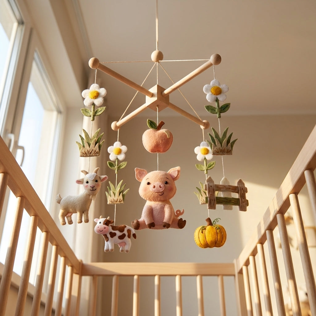Felt Pig Baby Mobile, Farm Crib Mobile, Farm Nursery Decor, Baby Shower Gift