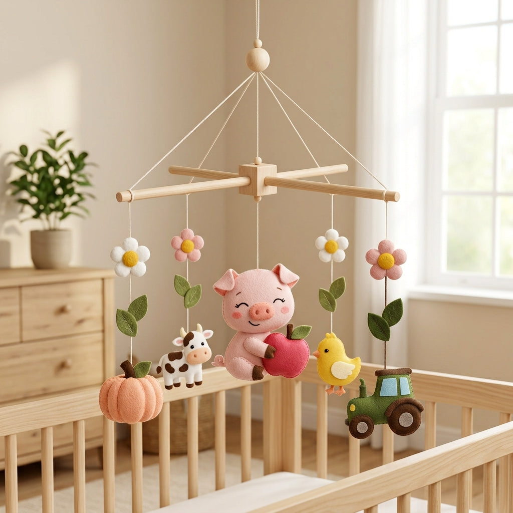 Felt Pig Baby Mobile, Farm Crib Mobile, Farm Nursery Decor, Baby Shower Gift