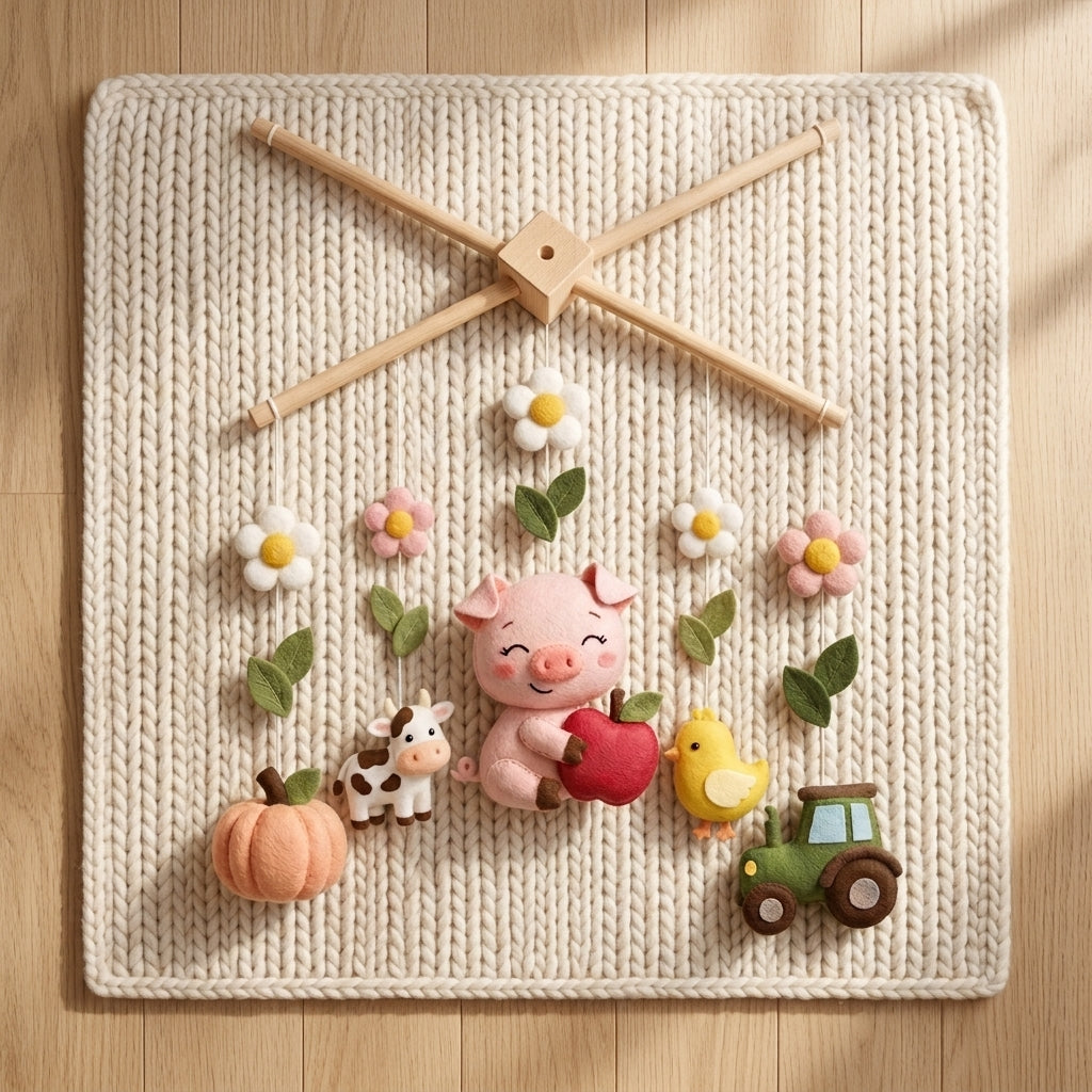 Felt Pig Baby Mobile, Farm Crib Mobile, Farm Nursery Decor, Baby Shower Gift