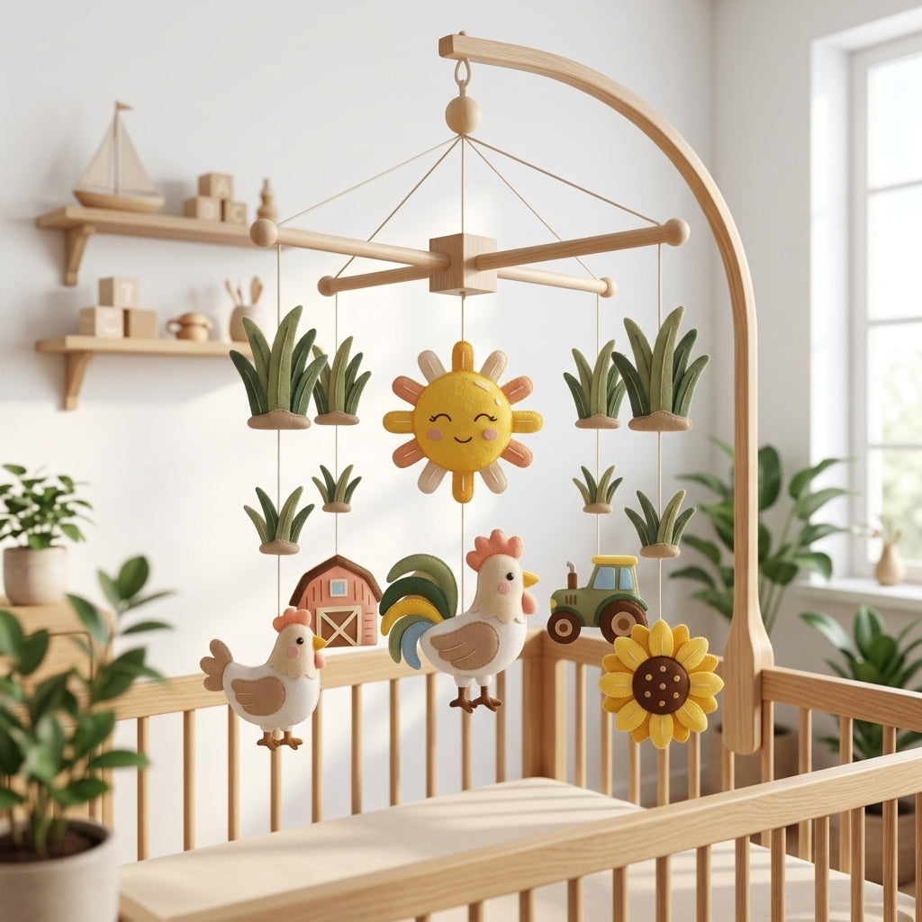 Handmade felt rooster baby mobile with rooster, hen, barn, tractor, sunflower, sunshine and grass above a wooden crib.
