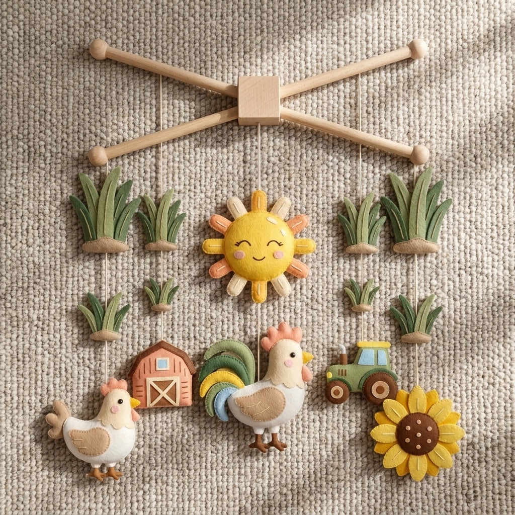 Felt Rooster Baby Mobile, Farm Crib Mobile, Chicken Nursery Decor, Baby Shower Gift