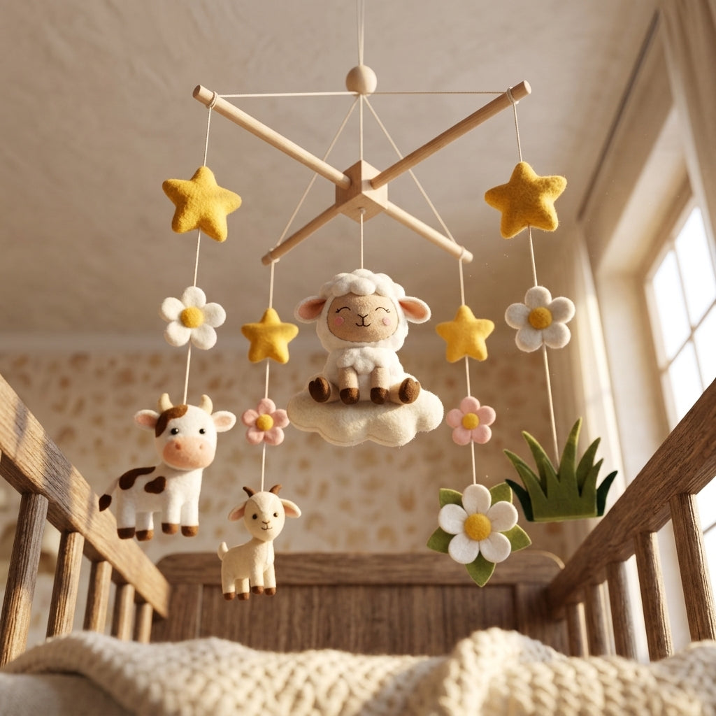 Felt Sheep Baby Mobile, Farm Animal Crib Mobile, Lamb Nursery Decor, Baby Shower Gift for Newborn