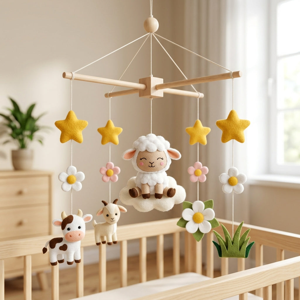 Felt Sheep Baby Mobile, Farm Animal Crib Mobile, Lamb Nursery Decor, Baby Shower Gift for Newborn