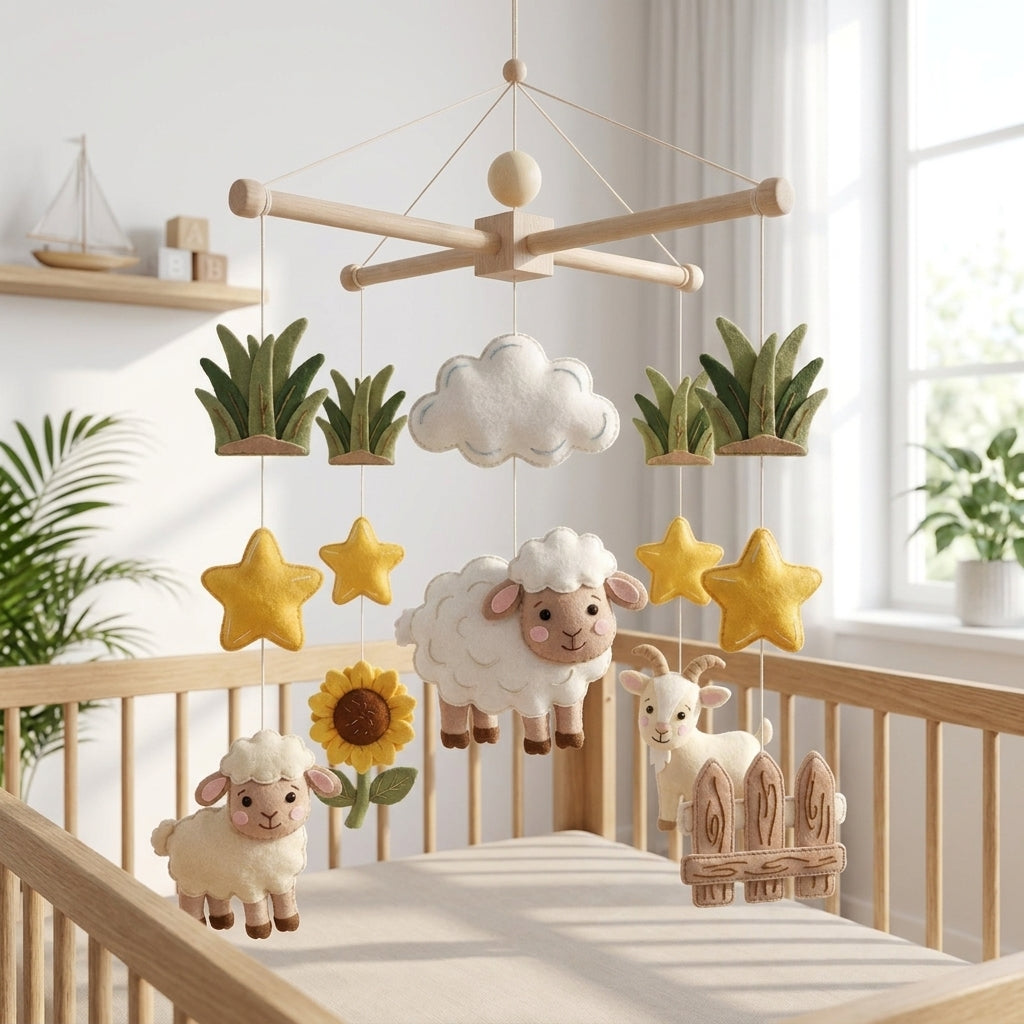 Felt Sheep Baby Mobile, Farm Crib Mobile, Lamb Nursery Decor, Baby Shower Gift
