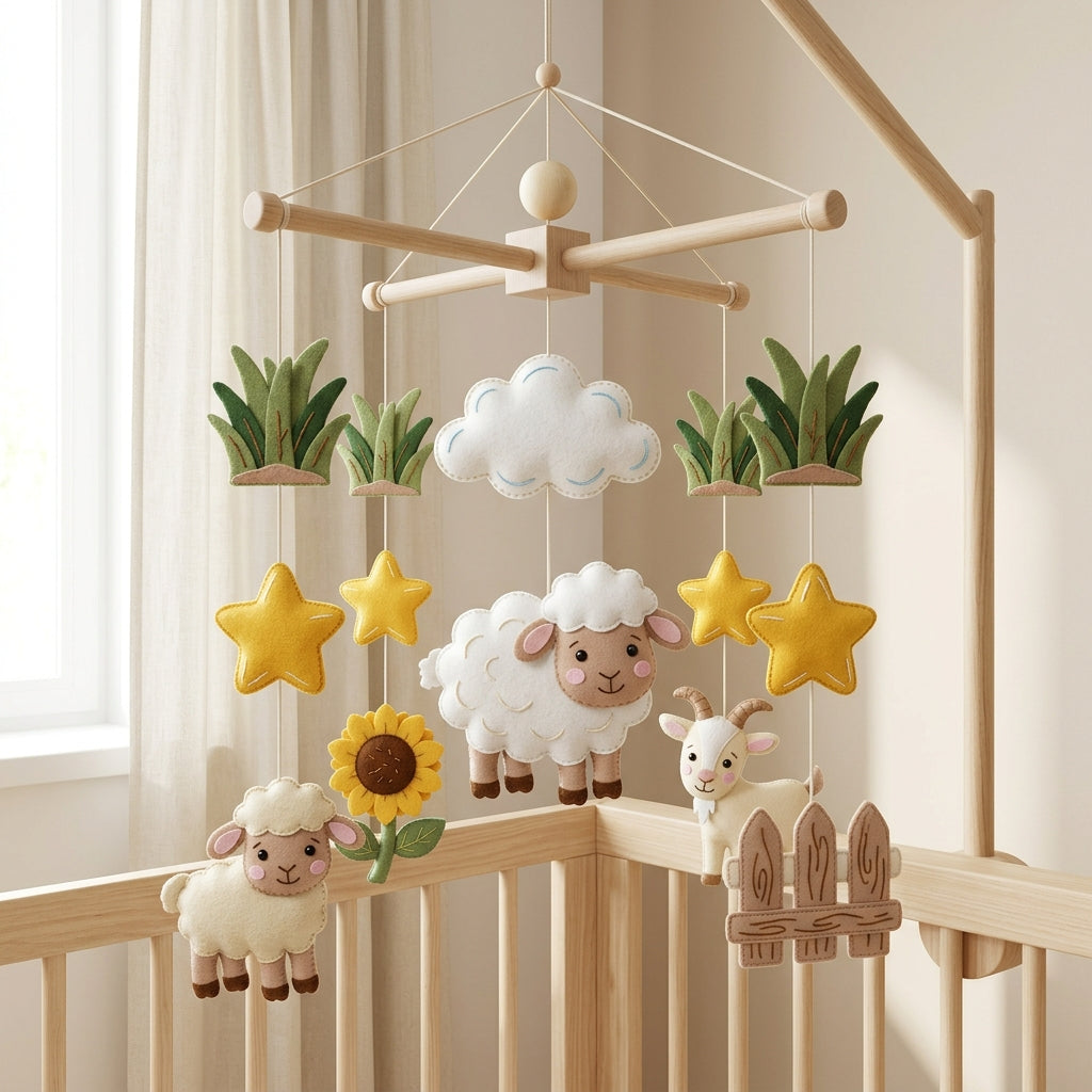 Handmade felt sheep baby mobile with lamb, goat, sunflower, stars, clouds, grass and wooden fence hanging above a wooden crib.