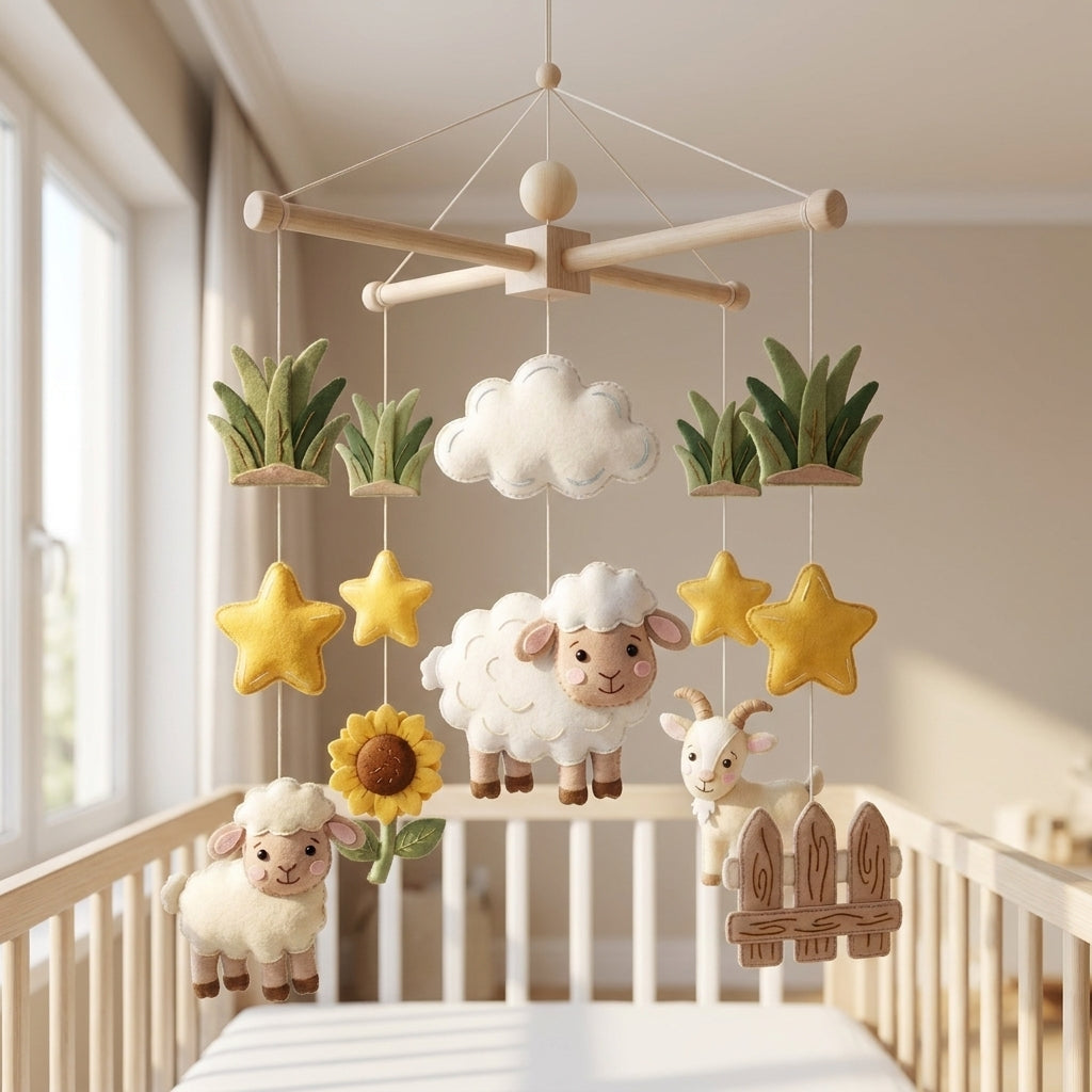 Felt Sheep Baby Mobile, Farm Crib Mobile, Lamb Nursery Decor, Baby Shower Gift