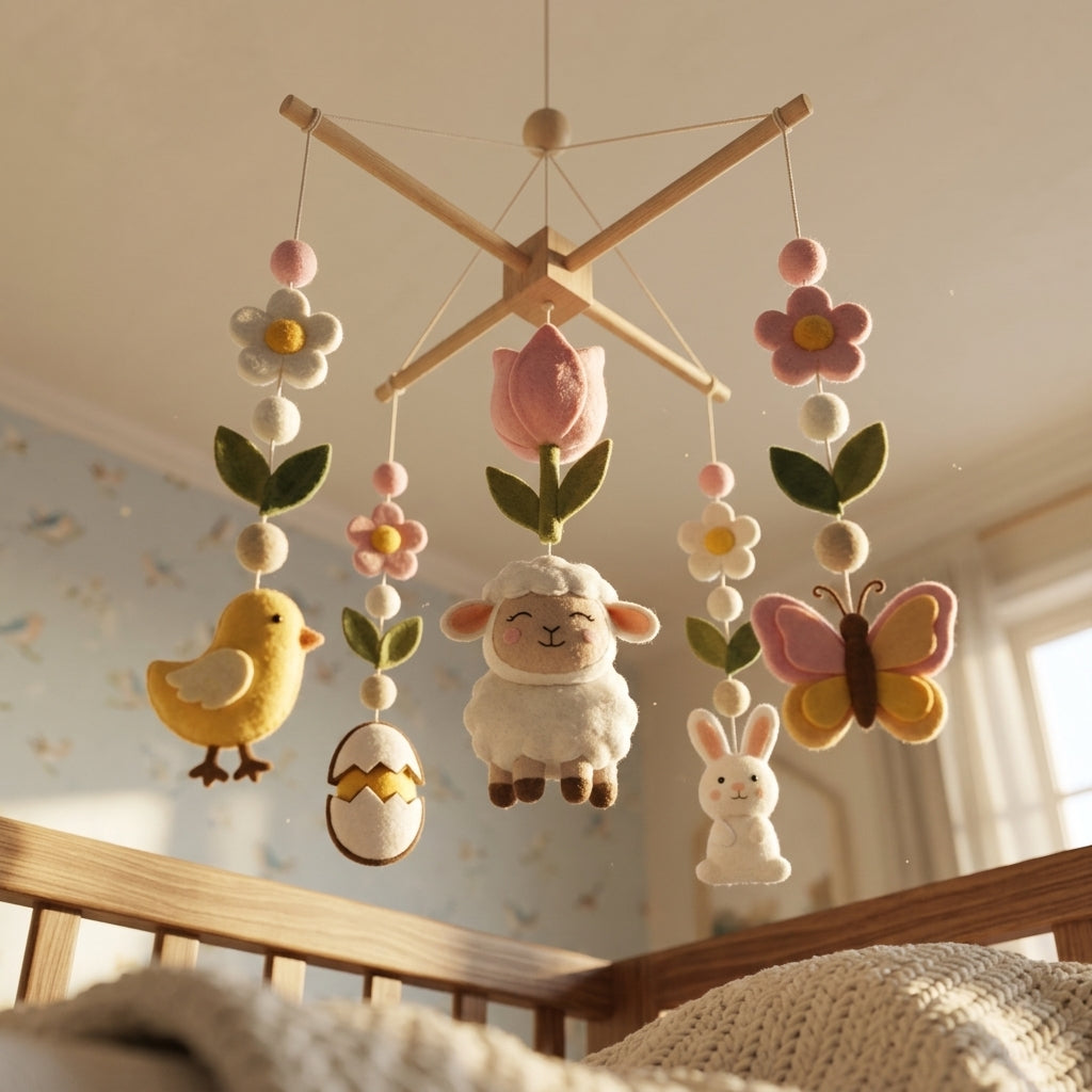 Felt Spring Baby Mobile, Lamb Crib Mobile, Easter Nursery Decor, Baby Shower Gift