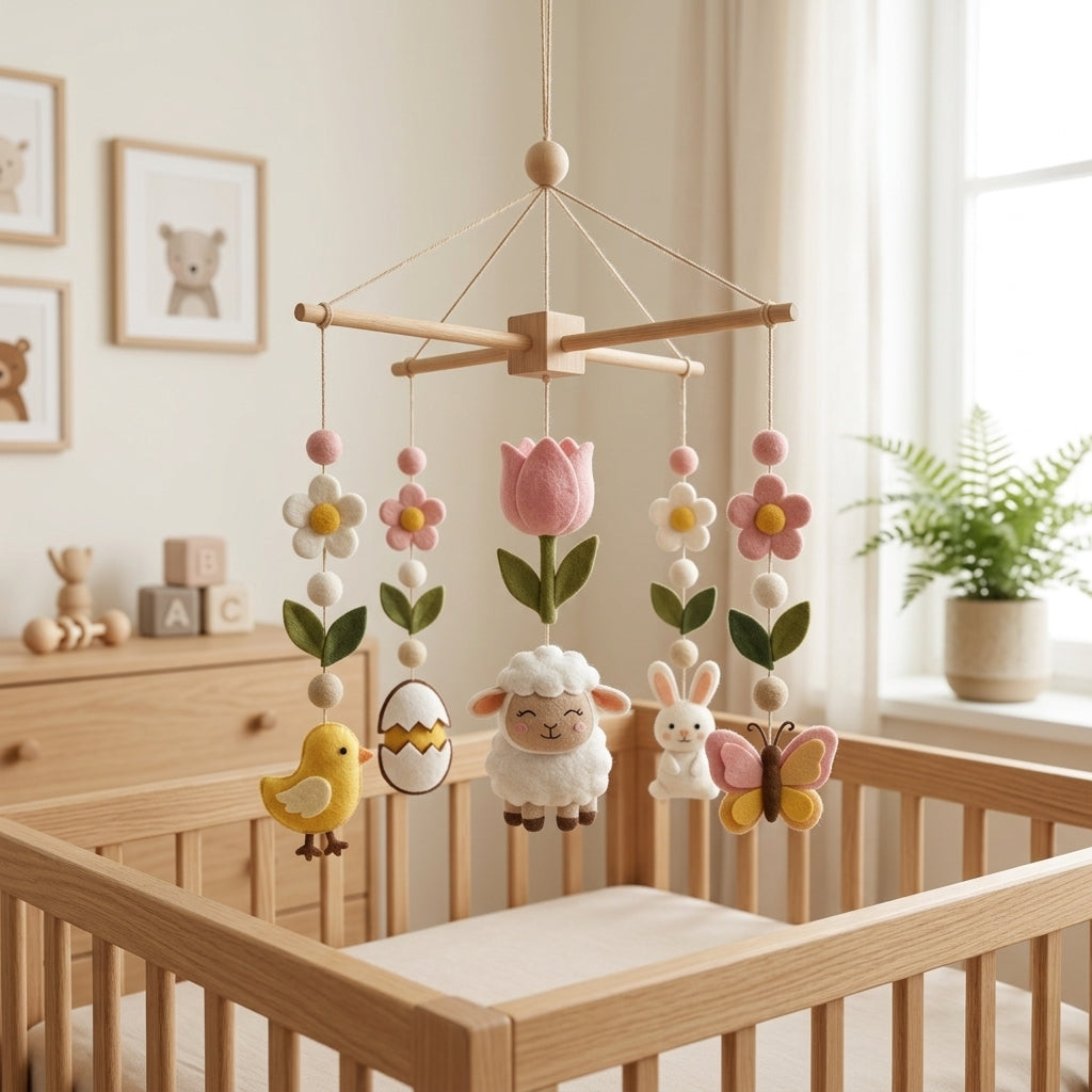 Felt Spring Baby Mobile, Lamb Crib Mobile, Easter Nursery Decor, Baby Shower Gift