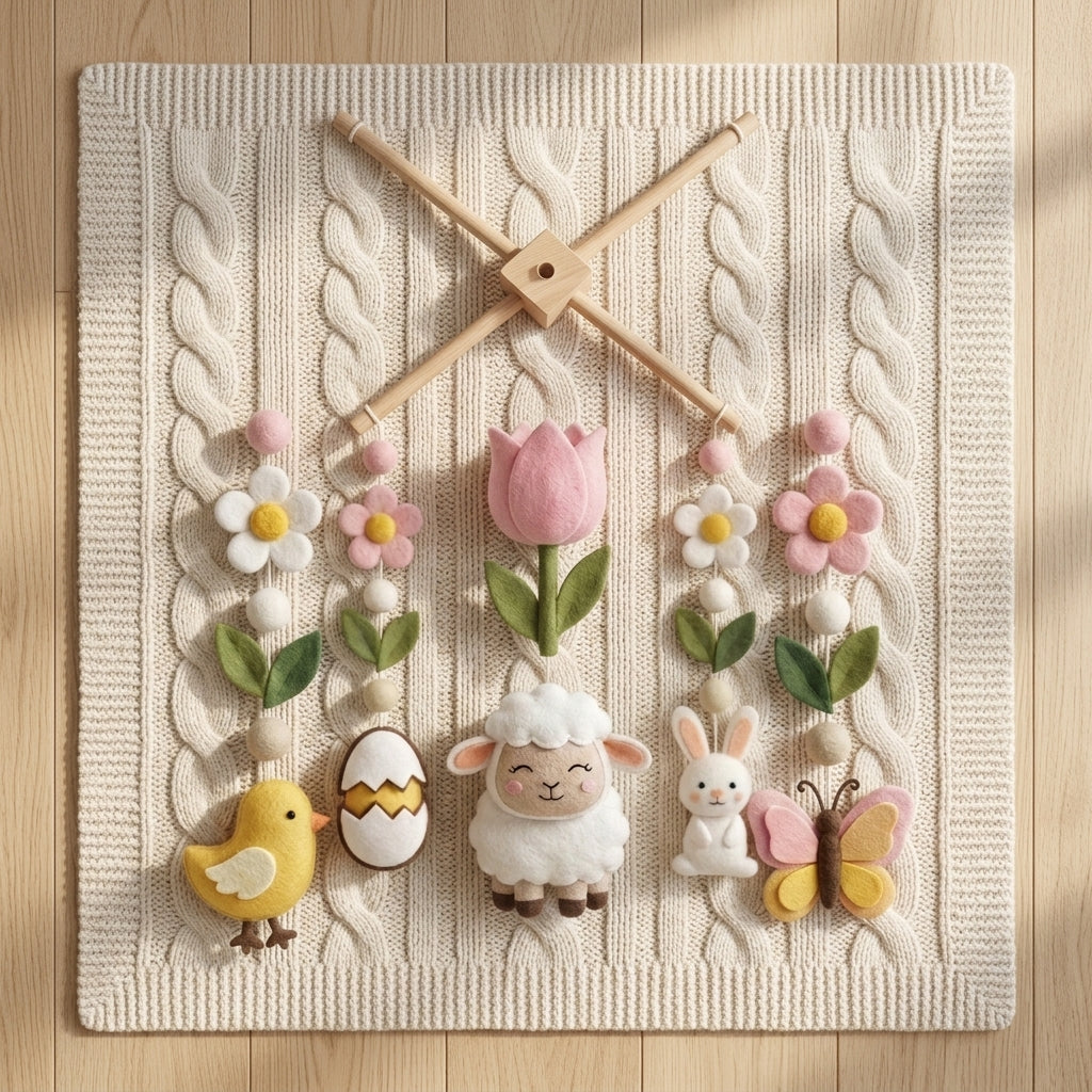 Felt Spring Baby Mobile, Lamb Crib Mobile, Easter Nursery Decor, Baby Shower Gift