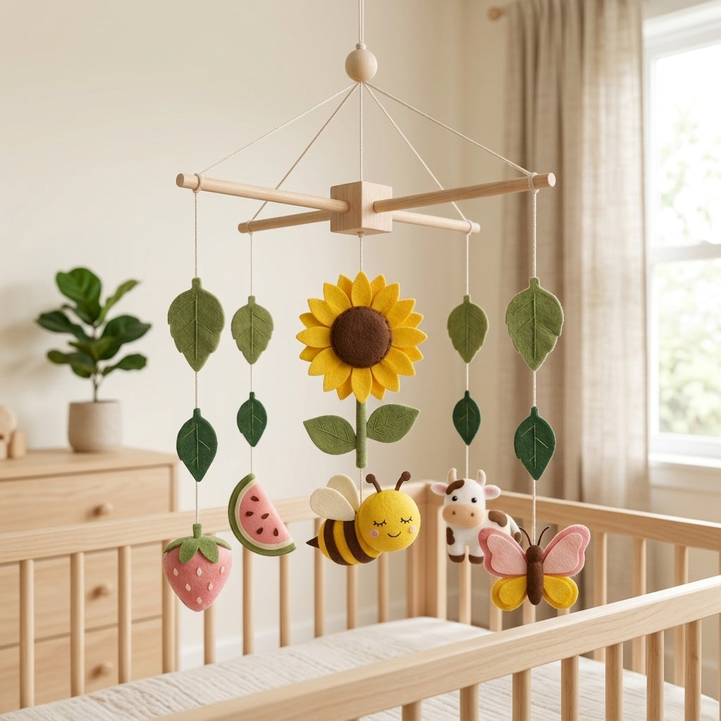 Felt Summer Farm Baby Mobile, Bee Crib Mobile, Sunflower Nursery Decor, Baby Shower Gift