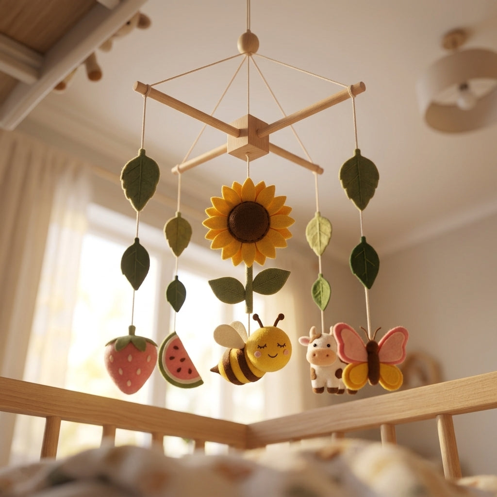 Felt Summer Farm Baby Mobile, Bee Crib Mobile, Sunflower Nursery Decor, Baby Shower Gift