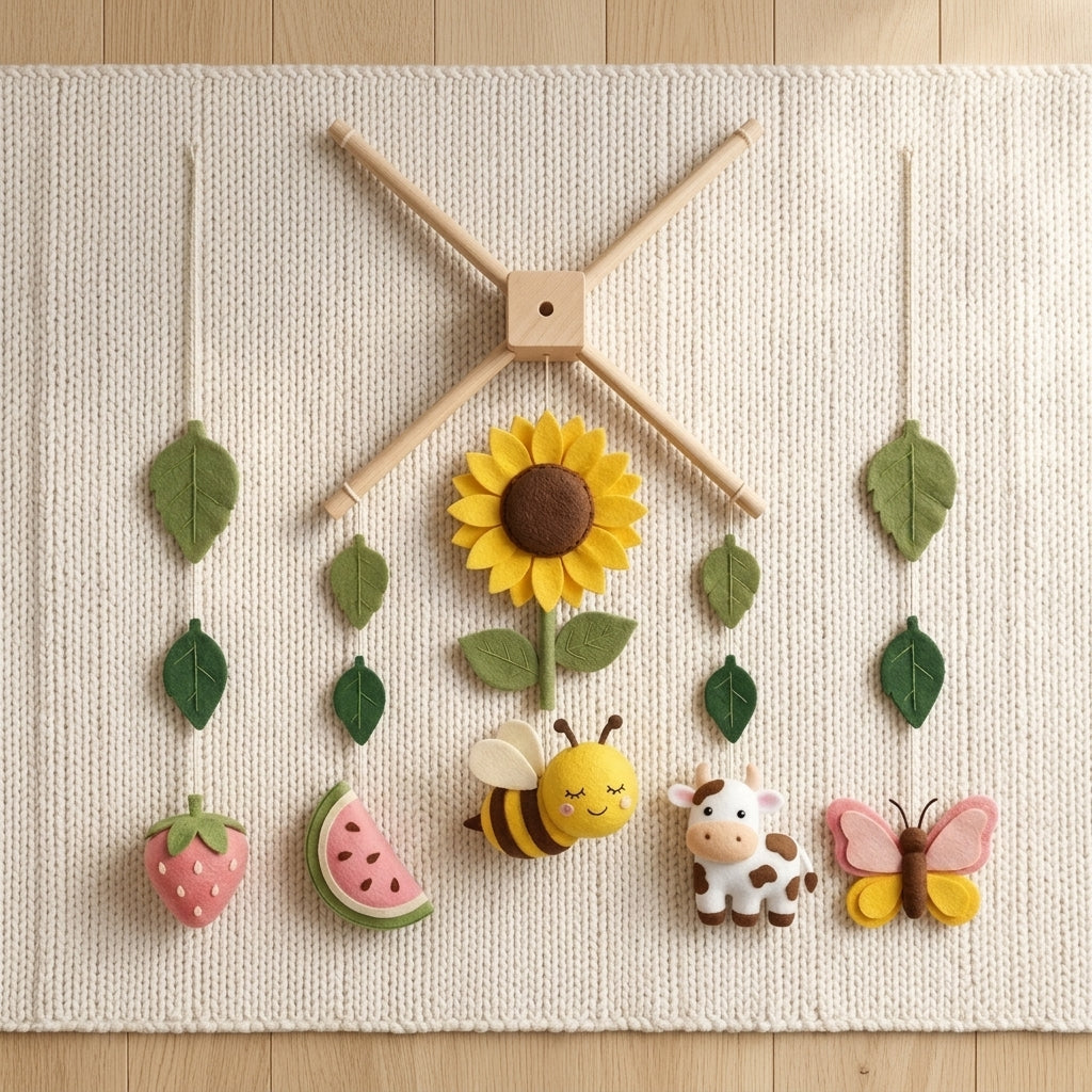 Felt Summer Farm Baby Mobile, Bee Crib Mobile, Sunflower Nursery Decor, Baby Shower Gift