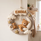 Felt Wreath Name Sign, Bear Nursery Decor, Personalized Baby Gift, Celestial Room Wall Hanging