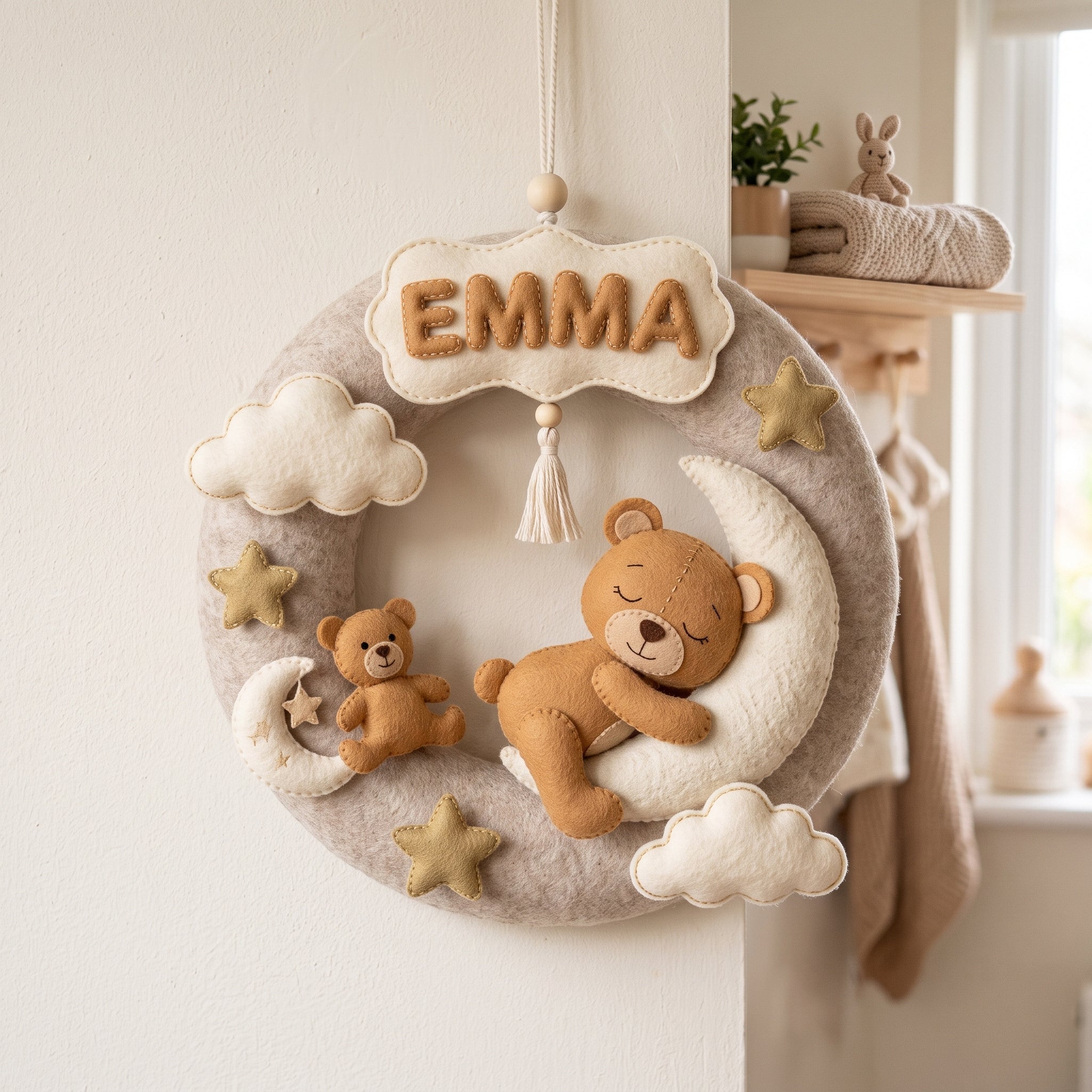 Felt Wreath Name Sign, Bear Nursery Decor, Personalized Baby Gift, Celestial Room Wall Hanging