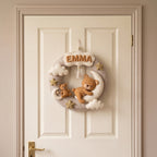 Felt Wreath Name Sign, Bear Nursery Decor, Personalized Baby Gift, Celestial Room Wall Hanging