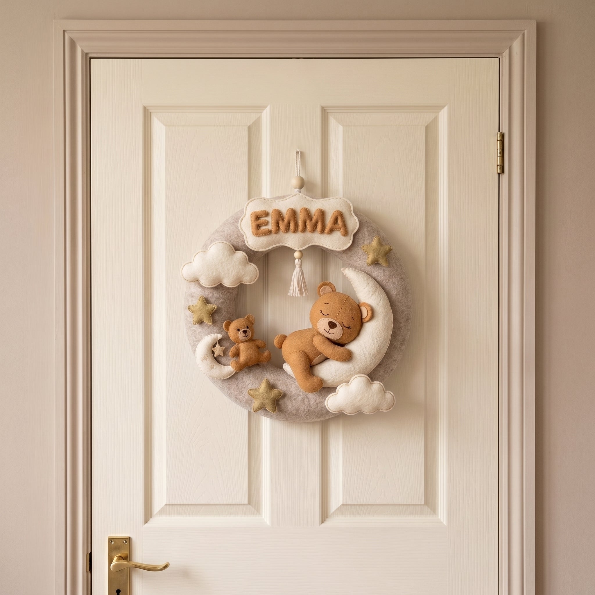 Felt Wreath Name Sign, Bear Nursery Decor, Personalized Baby Gift, Celestial Room Wall Hanging