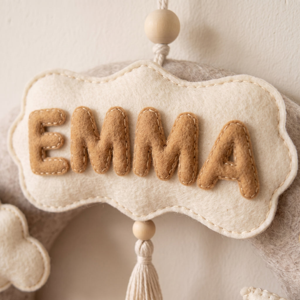 Felt Wreath Name Sign, Bear Nursery Decor, Personalized Baby Gift, Celestial Room Wall Hanging